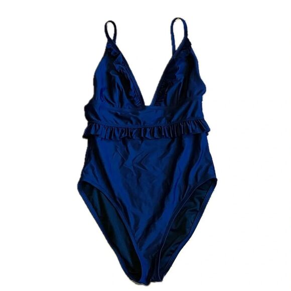 J. Crew Other - J. Crew V Neck One Piece Ruffle Swimsuit Navy Blue Size 8